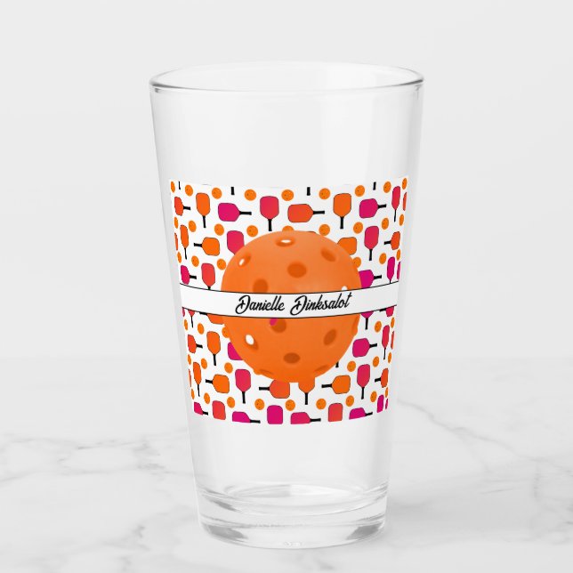 Pink and Orange Pickleball Paddles Personalised Glass (Front)