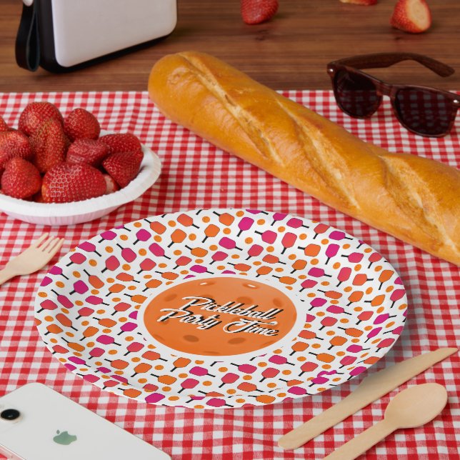 Pink and Orange Pickleball Paddles Personalised Paper Plate (Picnic)
