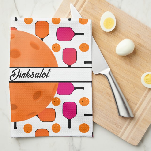 Pink and Orange Pickleball Paddles Personalised Tea Towel (Quarter Fold)
