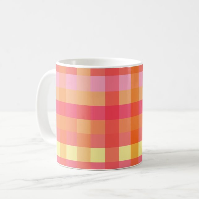 Pink and orange plaid coffee mug (Front Left)