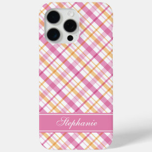 Pink and Orange Plaid Pattern iPhone 15 Pro Max Case