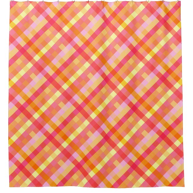 Pink and orange plaid shower curtain (Front)