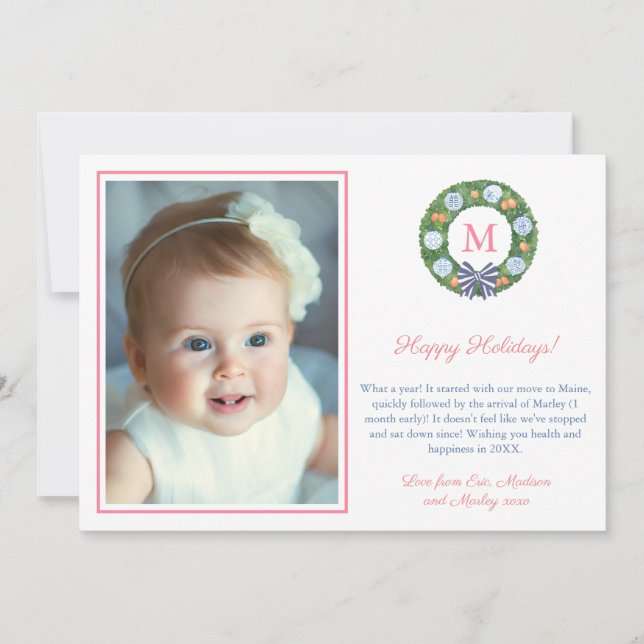 Pink And Orange Preppy Boxwood Ginger Jars Picture Holiday Card (Front)