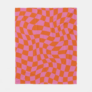 Pink And Orange Psychedelic Chequered Groovy Grid  Fleece Blanket