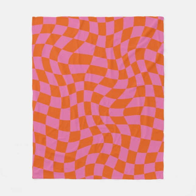 Pink And Orange Psychedelic Chequered Groovy Grid  Fleece Blanket (Front)