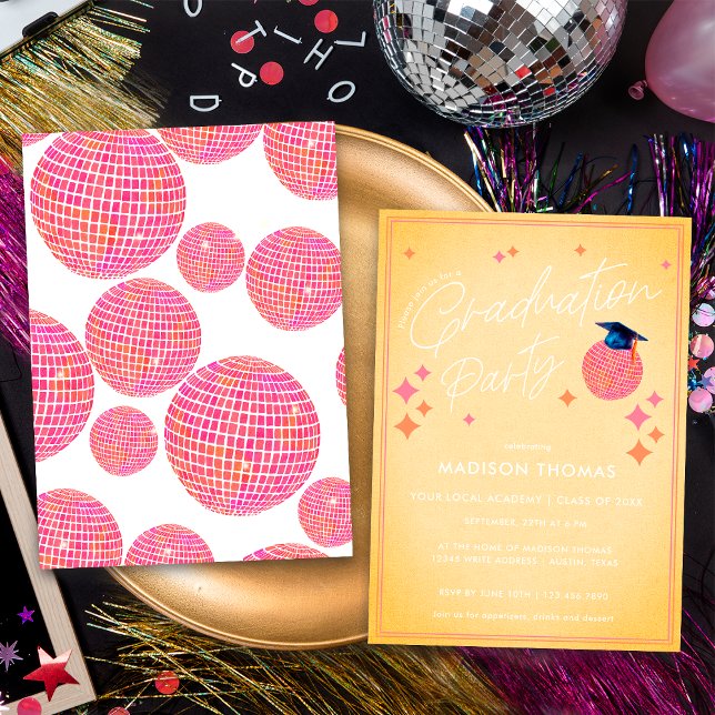 Pink and Orange Retro Disco Ball Graduation Party Invitation (Creator Uploaded)
