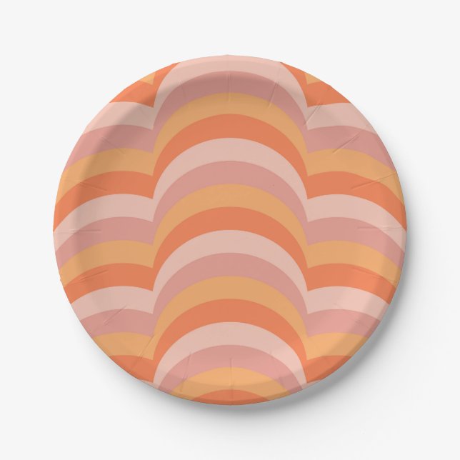 Pink and orange retro style curves pattern paper plate (Front)