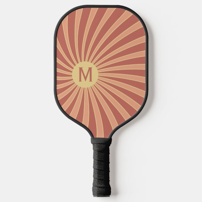 Pink and orange retro style sunburst design pickleball paddle (Front)