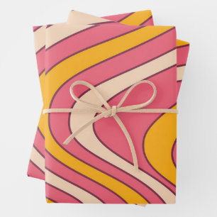 Pink and orange retro style waves wrapping paper sheet