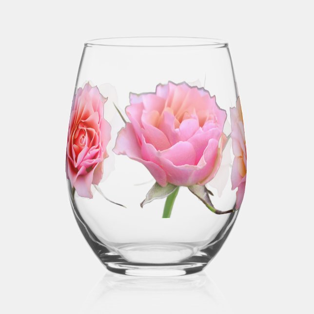 Pink and Orange Rose Stemless Wine Glass (Front)