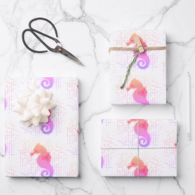 Pink And Orange Seahorse On Distressed Background Wrapping Paper Sheet (Front)