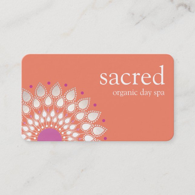 Pink and Orange Silver Lotus Flower Mandala Business Card (Front)