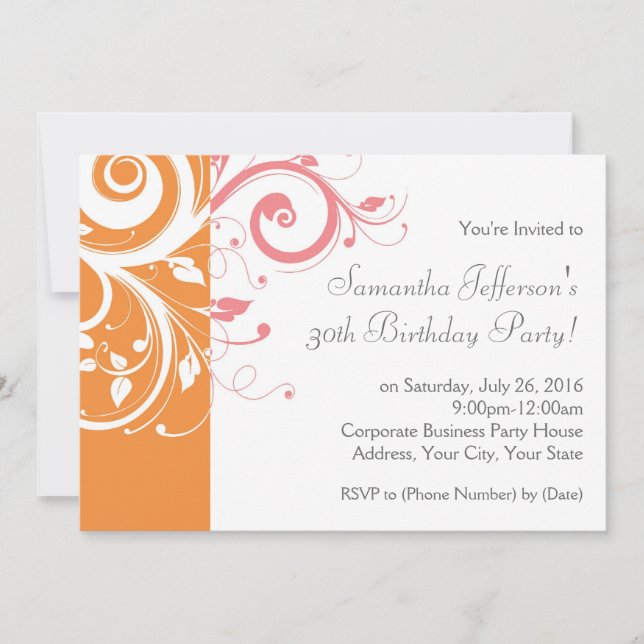 Pink and Orange Swirl Birthday Party Invitation (Front)