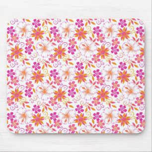 Pink and Orange Tropical Flower Pattern Mouse Mat