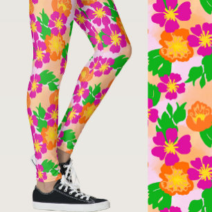 Pink and Orange Tropical Flowers Patterned Leggings