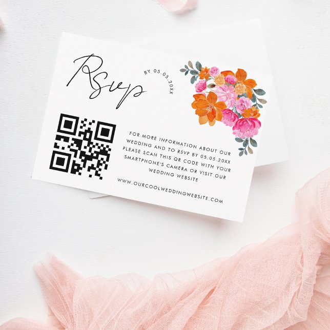 Pink and Orange Vibrant Floral QR Code RSVP Card (Creator Uploaded)