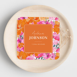 Pink and Orange Vibrant Watercolor Summer Floral Square Business Card