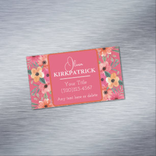 Pink And Orange Watercolor Floral Folded Magnetic Business Card