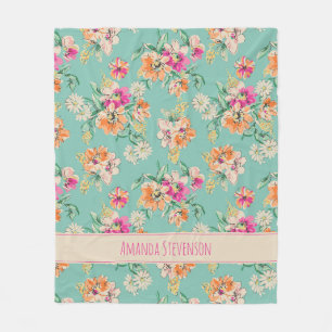 Pink and orange watercolor floral pattern fleece b blanket