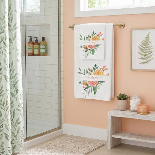 Pink and orange watercolor floral personalised bath towel set
