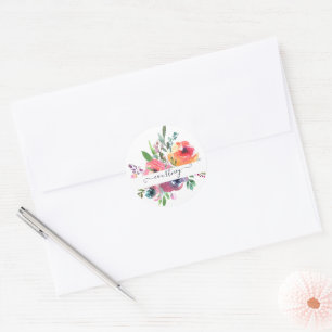 Pink and orange watercolor floral personalised classic round sticker