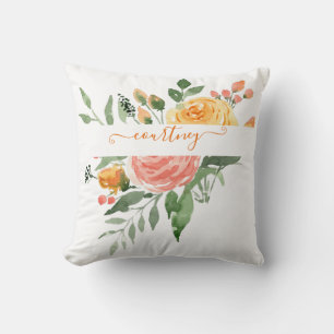 Pink and orange watercolor floral personalised cushion