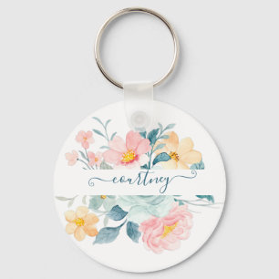 Pink and orange watercolor floral personalised key ring