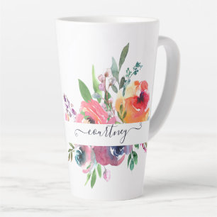 Pink and orange watercolor floral personalised latte mug