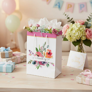 Pink and orange watercolor floral personalised medium gift bag