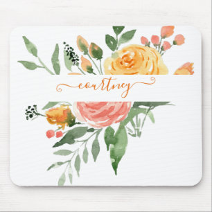 Pink and orange watercolor floral personalised mouse mat