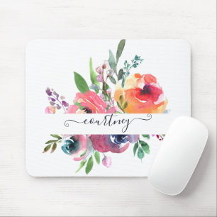 Pink and orange watercolor floral personalised mouse mat