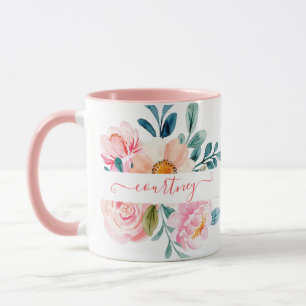 Pink and orange watercolor floral personalised mug