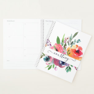 Pink and orange watercolor floral personalised planner