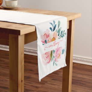 Pink and orange watercolor floral personalised short table runner