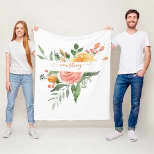 Pink and orange watercolor floral personalized fleece blanket