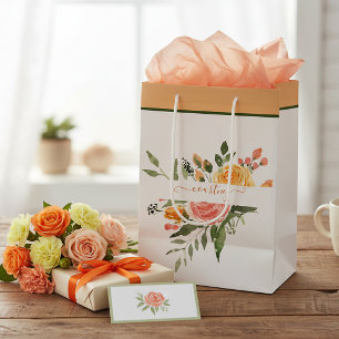 Pink and orange watercolor floral personalized medium gift bag
