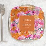 Pink and Orange Watercolor Floral Summer Wedding Paper Plate<br><div class="desc">These elegant paper plates,  featuring pink and orange floral and custom text would make a great addition to your wedding celebration. Easily add your own details by clicking on the "personalise" option.</div>