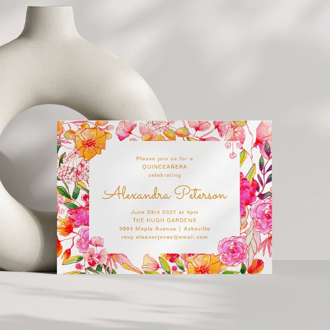 Pink and Orange Watercolor Flowers QUINCEAÑERA Invitation (Creator Uploaded)