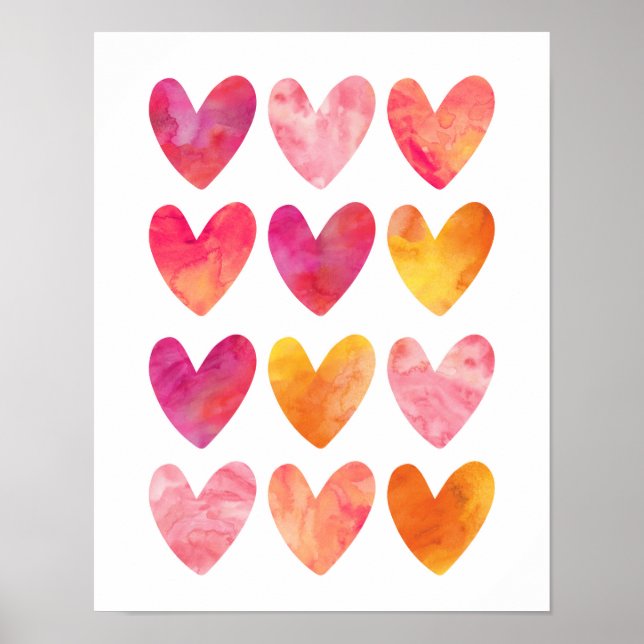 Pink and orange watercolor hearts poster print (Front)