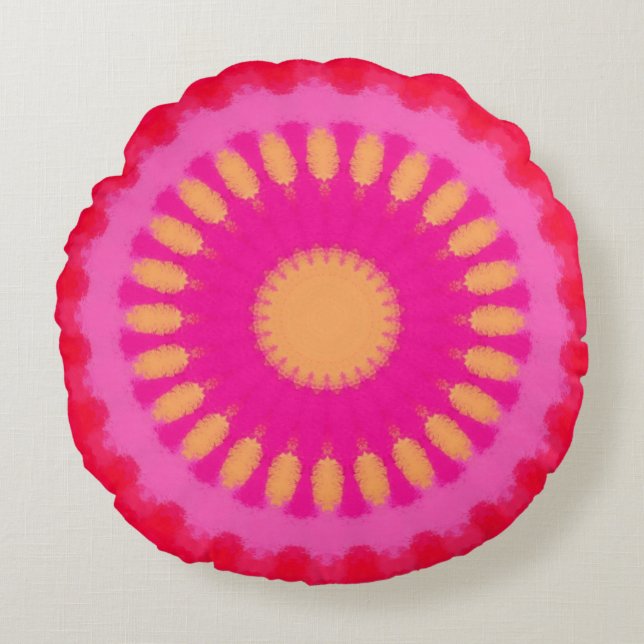 Pink and Orange Watercolor Mandala Round Cushion (Front)