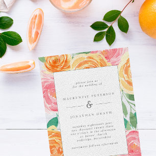 Pink and Orange Watercolor Roses Summer Wedding Invitation