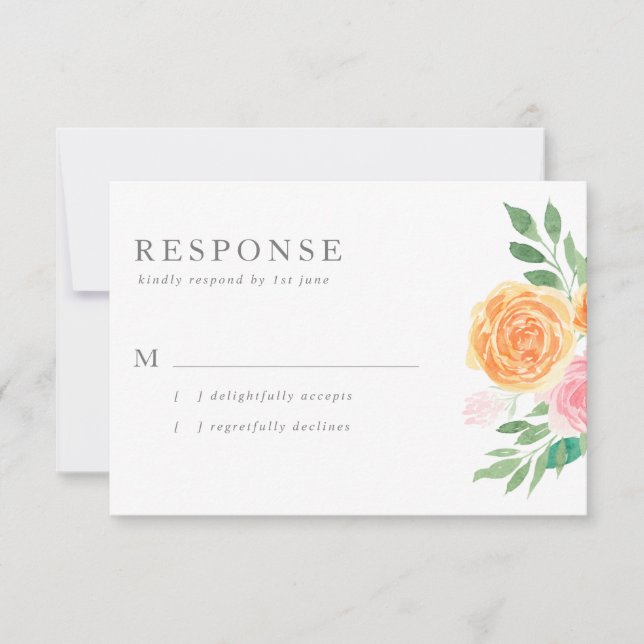 Pink and Orange Watercolor Roses Wedding RSVP Card (Front)