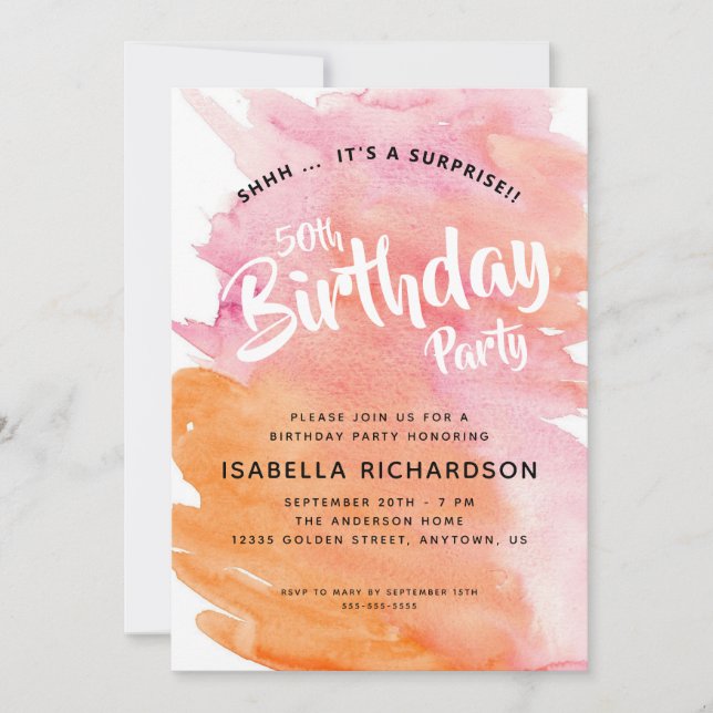 Pink and Orange Watercolor Surprise 50th Birthday Invitation (Front)