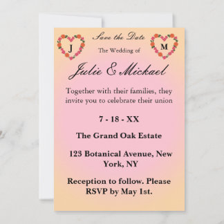Pink and Orange Wedding Floral Heart Crown Invitation