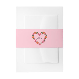 pink and orange wedding intertwined hearts floral invitation belly band