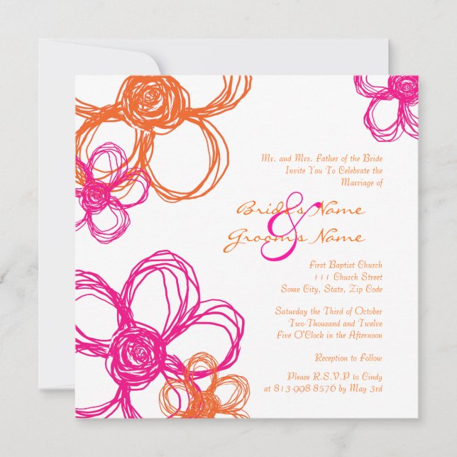 Pink and Orange Wild Flowers Wedding Invitation (Front)