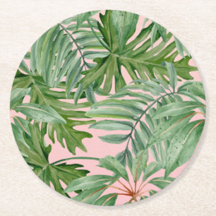 Pink and Palm Leaf Tropical Floral Pattern Round Paper Coaster