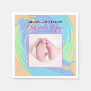 Pink and Pastel First Born With Photo Napkin