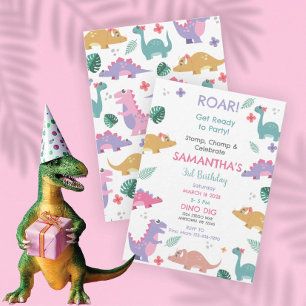 Pink and Pastel Girls Dinosaur Birthday Invitation