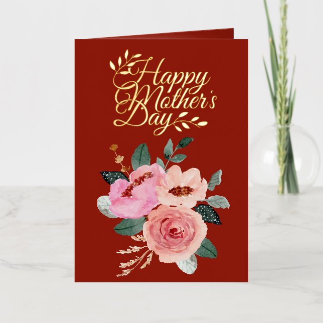 Pink and Peach Floral Bouquet Happy Mother's  Foil Greeting Card (Front)